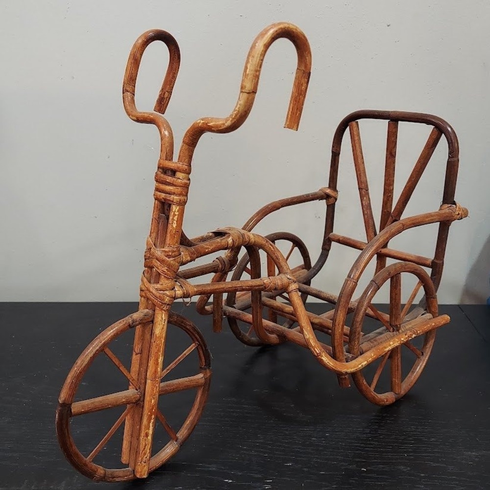 Vintage Bamboo Rattan Tricycle Planter Decorative Rickshaw Boho Garden Decor